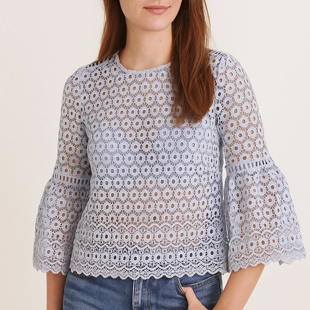 J. Crew Daisy Lace Bell Sleeve Top Sz 4 Blue